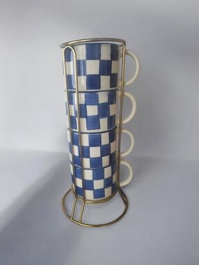 4 PC Stackable Blue & White Checkered Coffee Mugs